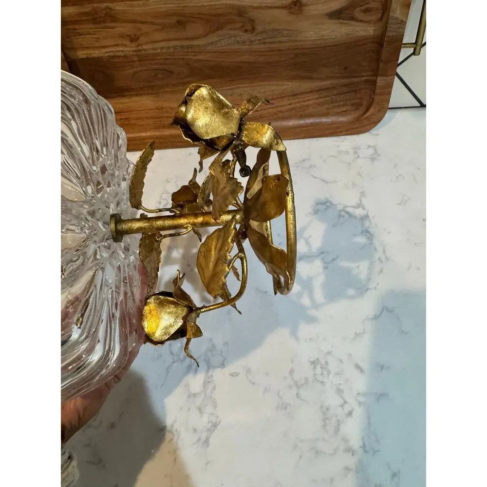 Hollywood Regency compote bowl crystal top gold-gilt cast brass pedestal base